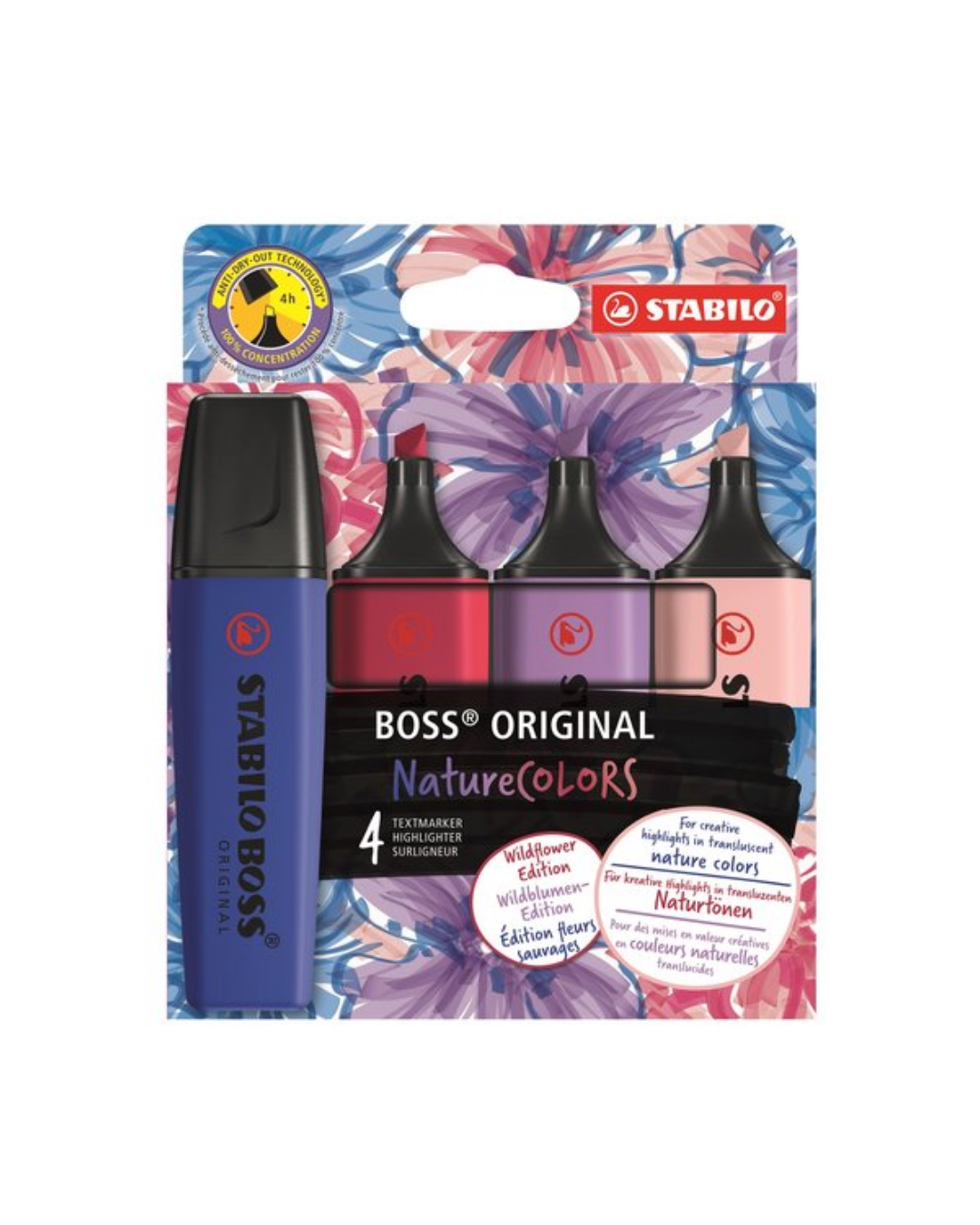 STABILO BOSS NatureCOLORS Wildflower markeerstiften set van 4 – bordeaux roze ultramarijn grijs