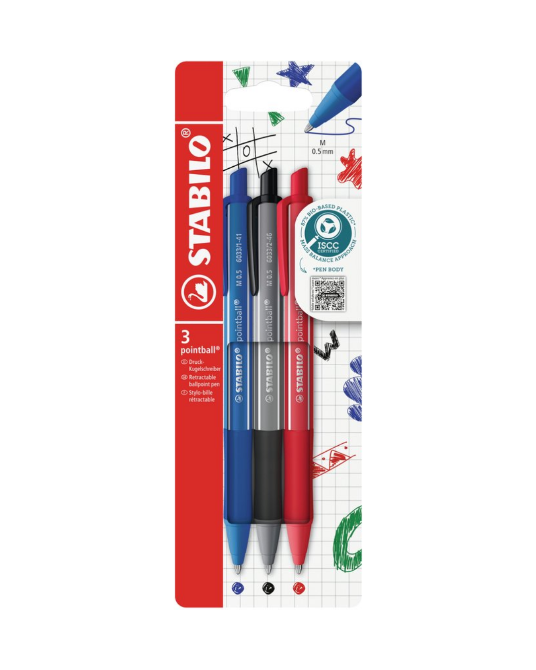 STABILO Pointball Colorful 3 stuks assorti – balpennenset met gekleurde behuizing